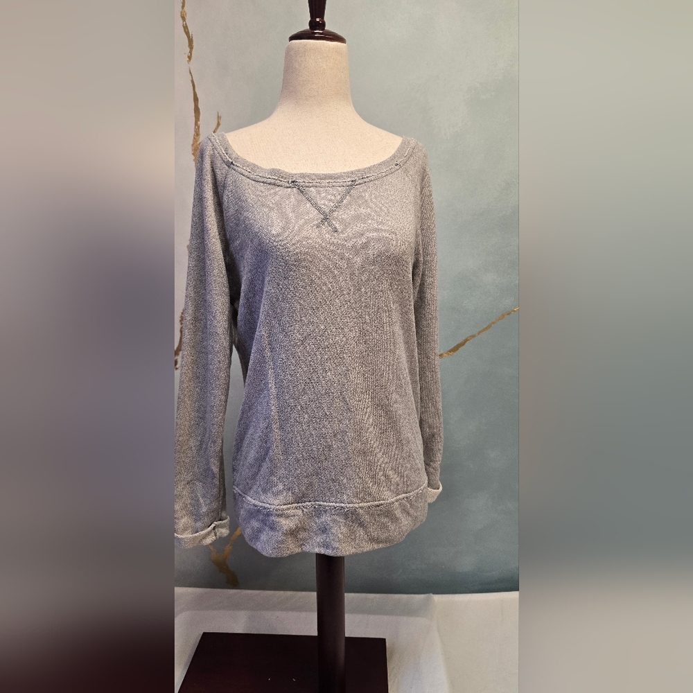 Lightweight Grey Distressed Seam Knit Sweatshirt Ballet Neck Rolled Cuffs M